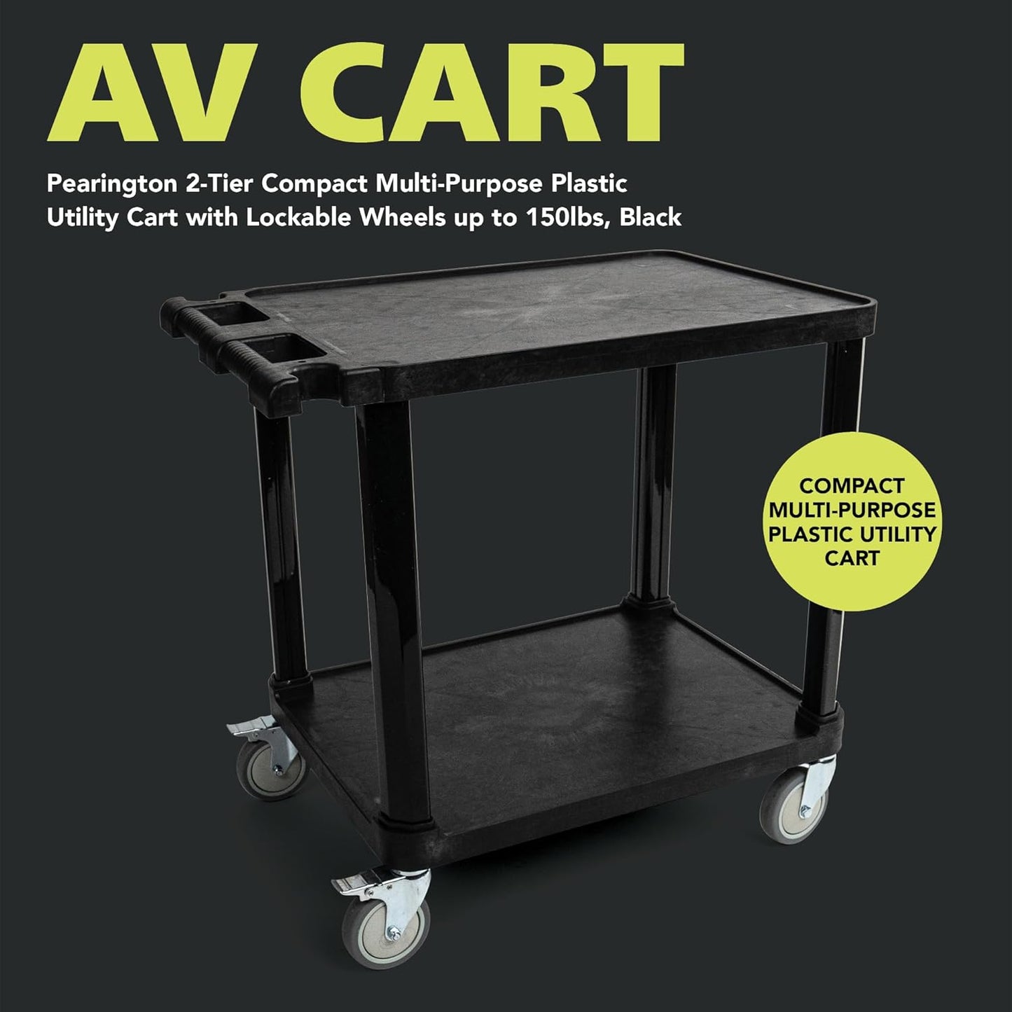 Pearington 2-Tier Compact Multi-Purpose Plastic Utility Cart with Lockable Wheels up to 150lbs, Black