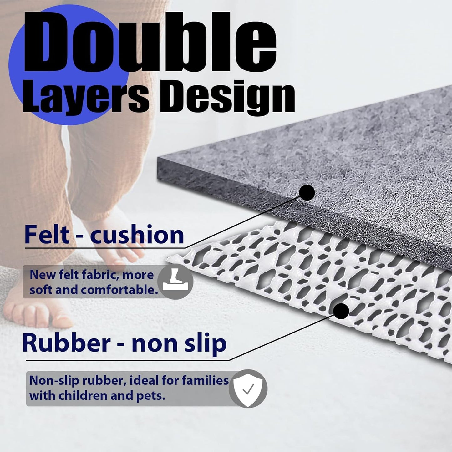 Non Slip Rug Pad Grippers - 6x9, 1/4" Thick, Felt + Rubber Double Layers Area Carpet Mat Tap, Provides Protection and Cushioning for Hardwood or Tile Floors
