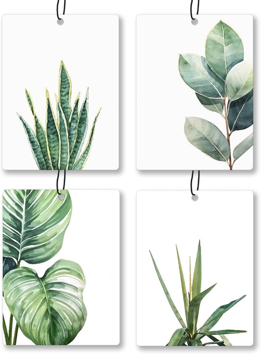 Tropical Leafy Botanical Car Air Freshener 4 Pcs, Green Eucalyptus Monstera Leaf Plant Hanging Scents Air Freshener for Women Men Gifts, Rustic Scented Car Accessories Decor for Room Closet