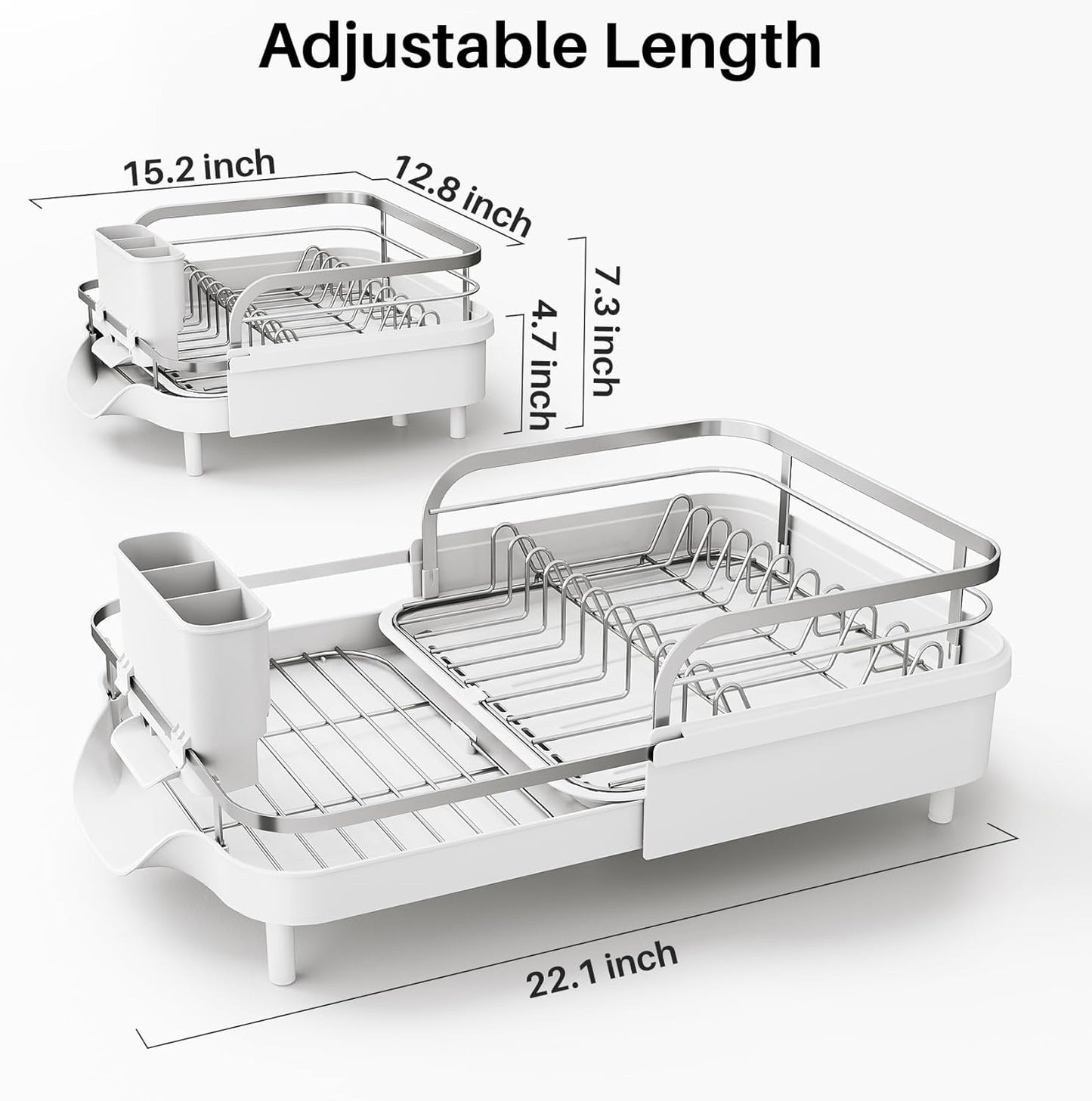 Dish Drying Rack, Expandable Dish Rack for Kitchen Counter, Stainless Steel Dish Drainer with Drainboard Set and Utensil Holder (White)