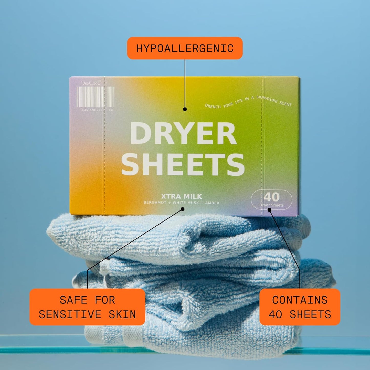 DedCool Dryer Sheets | Xtra Milk | 40 Count | Non-Toxic Vegan Fabric Softener | Bergamot, Vanilla & Amber Scent | Gentle on Sensitive Skin | Softens & Freshens | Premium Laundry Supplies