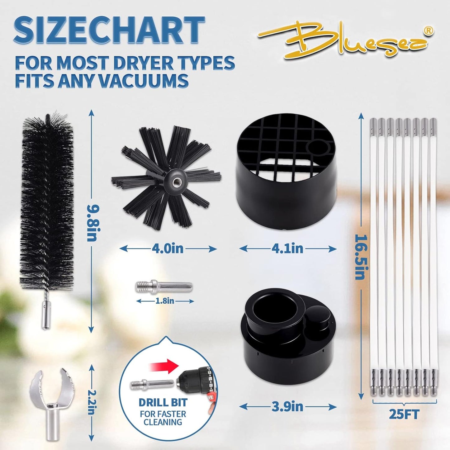 Bluesea 7 Pieces 25 Feet Dryer Vent Cleaner Kit, Reinforced Nylon Dryer Vent Cleaning Kit, Durable Dryer Vent Brush Vacuum Attachment with Flexible Lint Trap Brush, Vacuum & Dryer Adapters