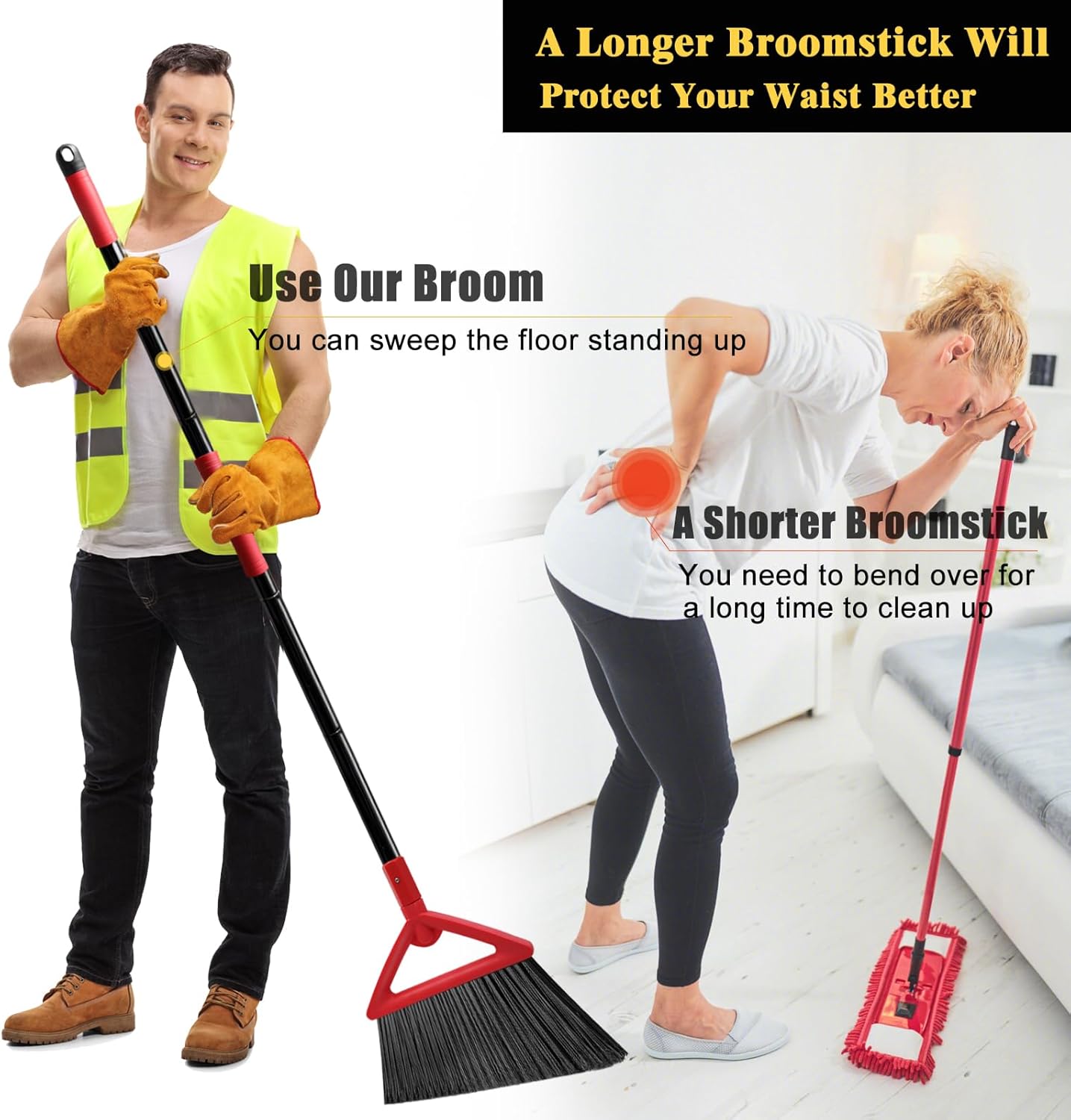 Heavy Duty Broom of Outdoor and Indoor, 4 Packs Upgraded Commercial Angle Brooms, Perfect Red Broom of House,Kitchen, Garage, Courtyard, Concrete
