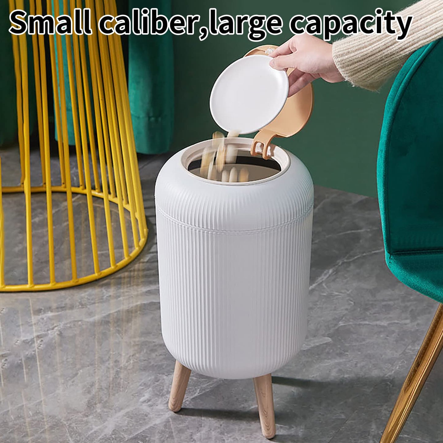 Trash Can With Lid for Bathroom, 2 Gallon/10 Liter Round Garbage Bin With Press Top, Plastic Modern Wastebasket With Soft Close, Container for Bedroom, Living Room, Office (White)