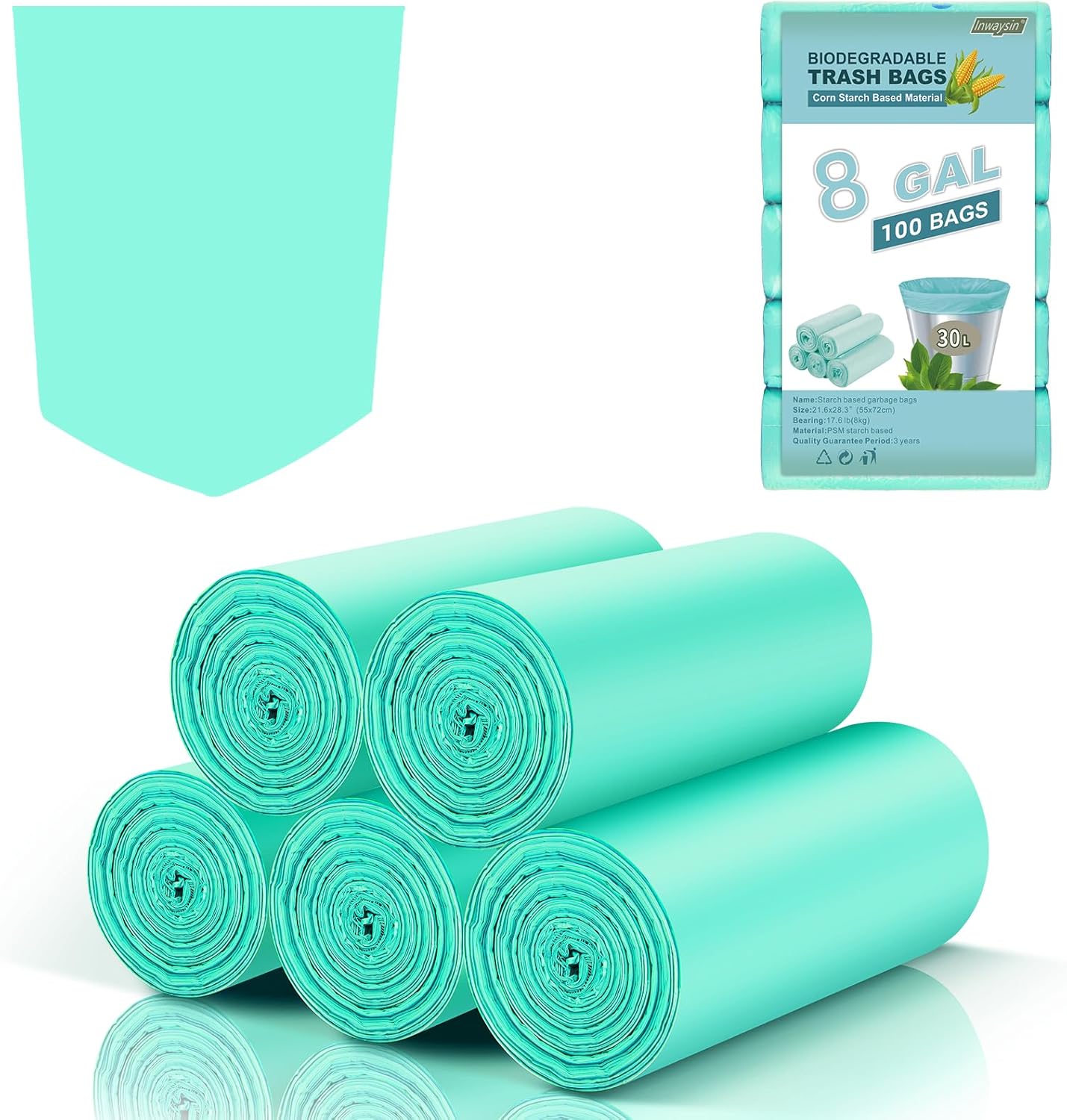 8 Gallon Medium Compostable Trash Bags - Strong Unscented Biodegradable Wastebasket Liners Thick Bathroom Garbage Bag for Kitchen Pet Car Inwaysin (Blue, 5Rolls 100 Count)