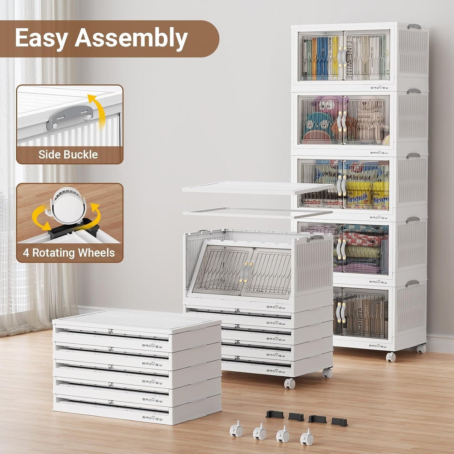 BROVIEW 600Qt Stackable Storage Bins with Lid, Extra Large Closet Organizer Collapsible Drawer Boxes with Wheels, Folding Plastic Cabinet Containers for Home Kitchen Room Organization, 5Pack White