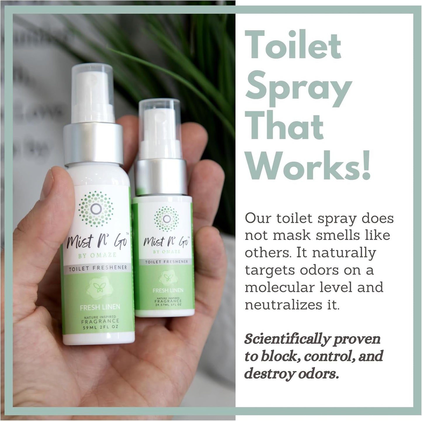 Mist N’ Go by Omaze Travel Bathroom Spray for Toilet Spray Odor Eliminator - Travel Toilet Spray for Bathroom Air Freshener Spray for Bathroom Deodorizer - Fresh Linen Regular Size (2oz x2)