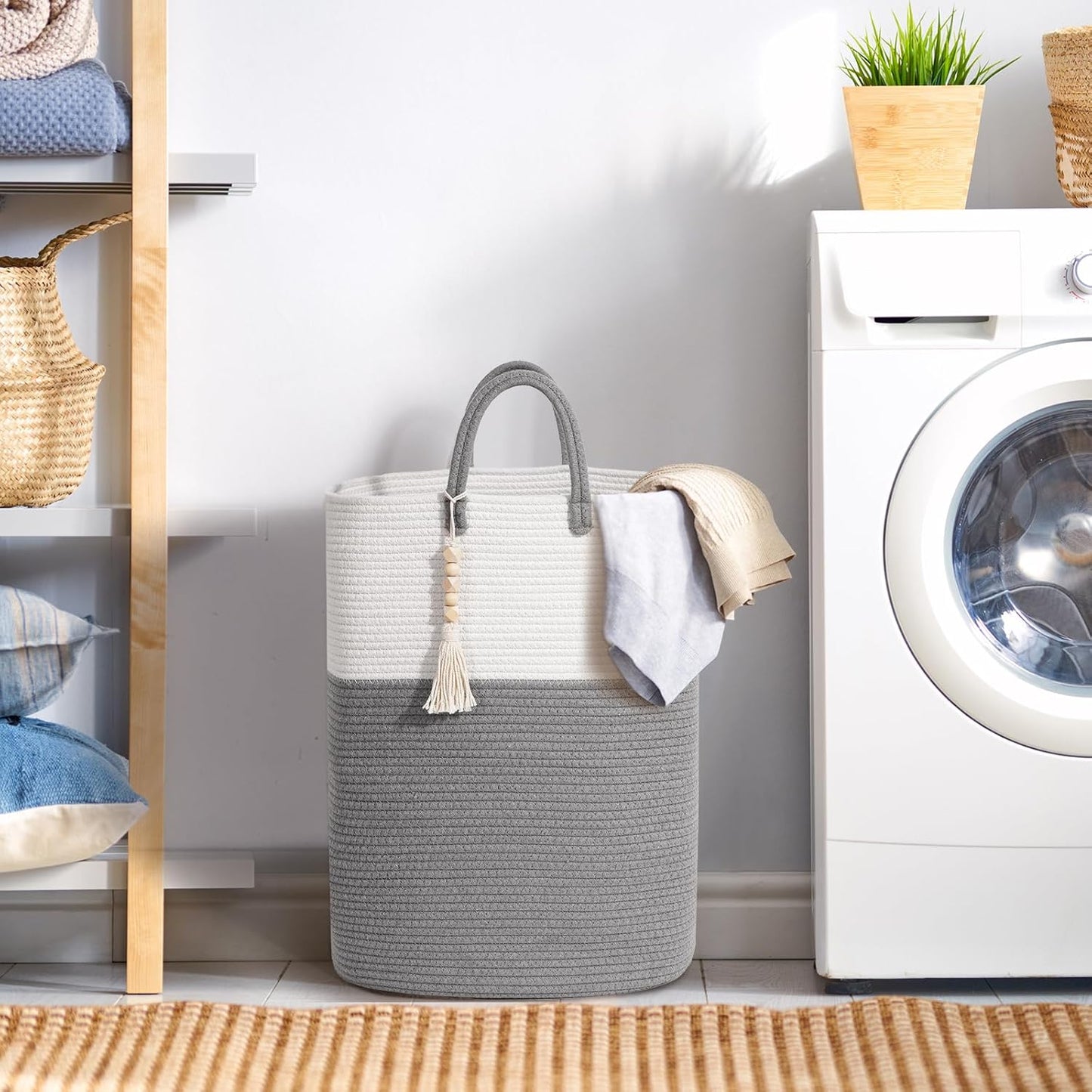 Woven Laundry Basket for Clothes, 50L Large Rectangle Laundry Hampers with Beads Tassel, Nursery Storage Basket for Toys, Tall Dirty Clothes Hamper for Bedroom Aesthetic, Laundry Room Organization