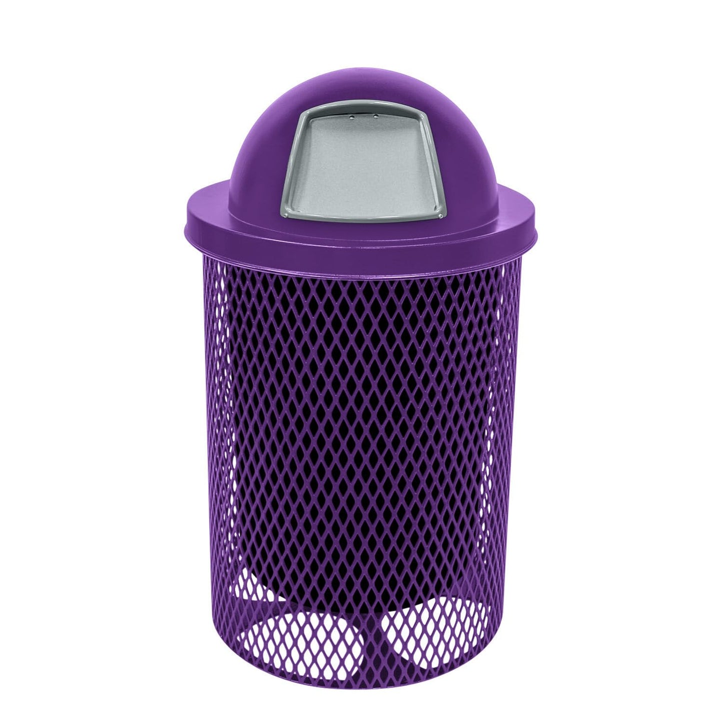 COATEDOUTDOORFURNITURE RDT-TXTPUR Heavy Duty 32 Gallon Round Trash Receptacle, Liner Included, Textured Sandstone with Textured Purple Steel Dome Top, Made in America