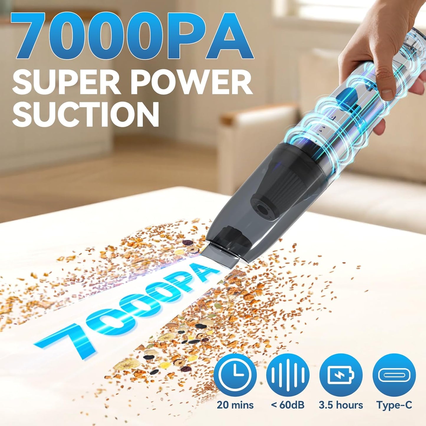 H2 Handheld Vacuum Car Vacuum, Mini Cordless Vacuum Cleaner with High-Speed Brush Motor Visual Dust Storage Silo Type-C Charge for Car Interiors, Sofas, Tabletops, Keyboards-Blue Gray