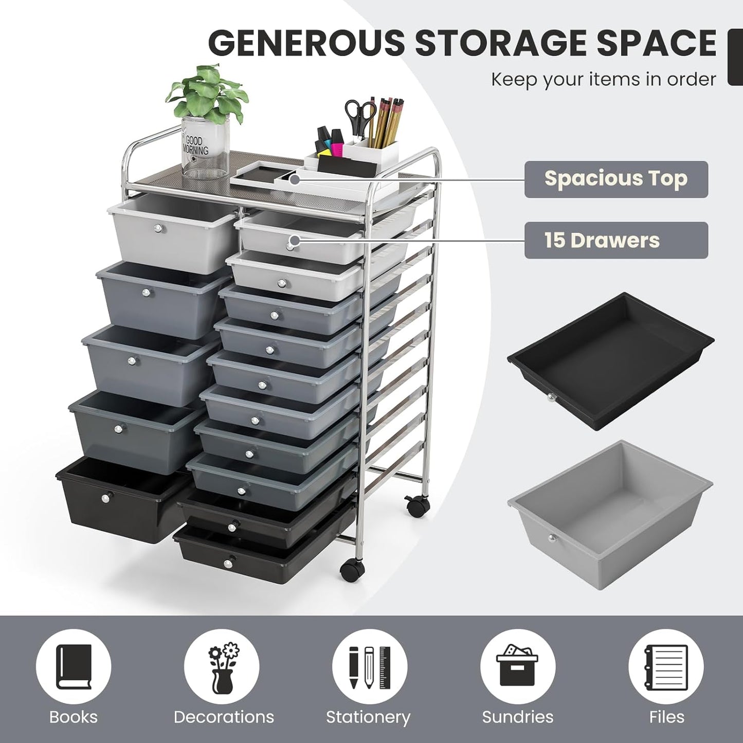 GOFLAME 15-Drawer Rolling Storage Cart, Multipurpose Movable Organizer Cart, Utility Cart for Home, Office, School, Gray Gradient
