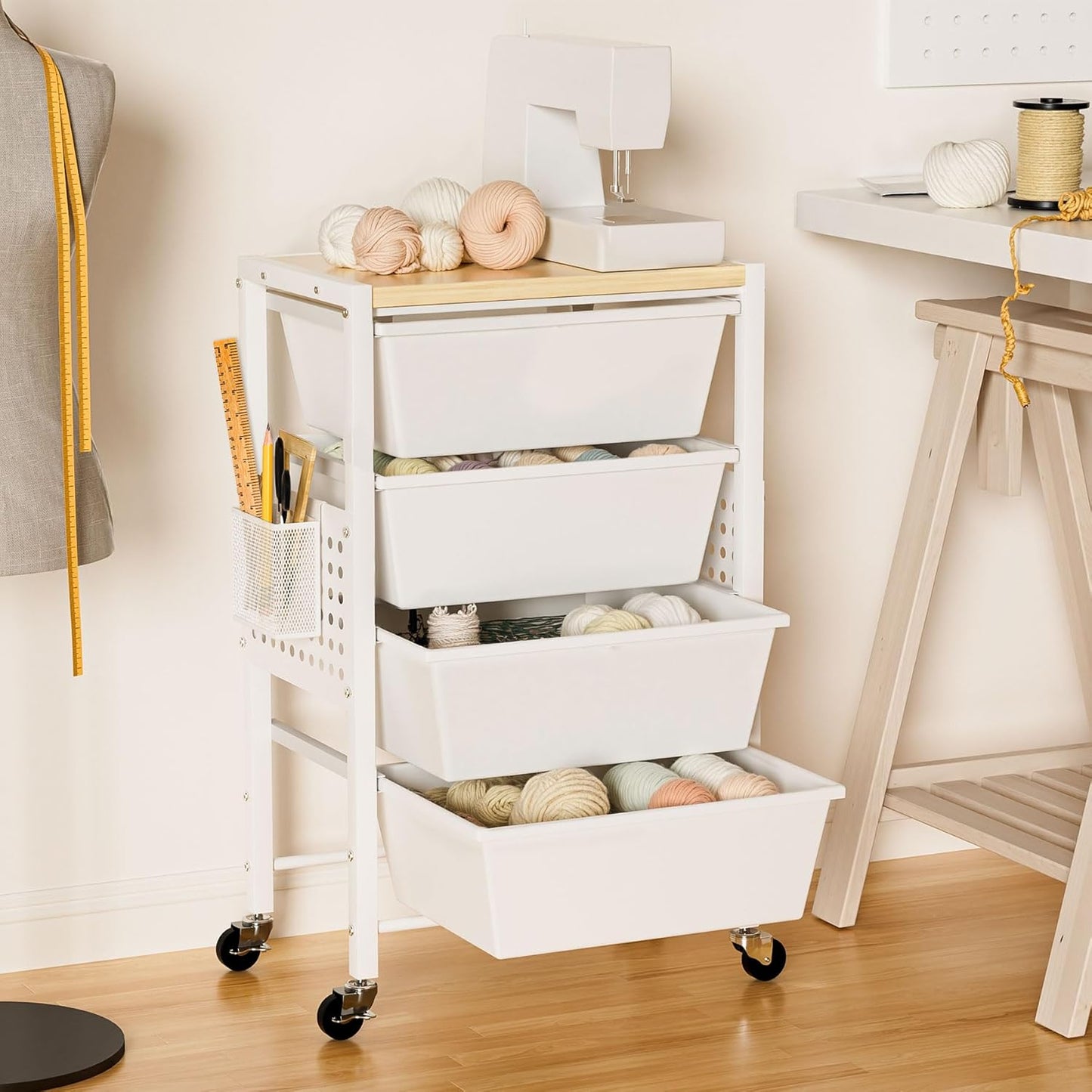 Rolling Cart with Drawers, Rolling Storage Cart with 4 Large Plastic Drawers & Wooden Tabletop, Utility Cart with Pegboards & Basket, Storage Drawers Cart for Living Room, Classroom, Bedroom, Office