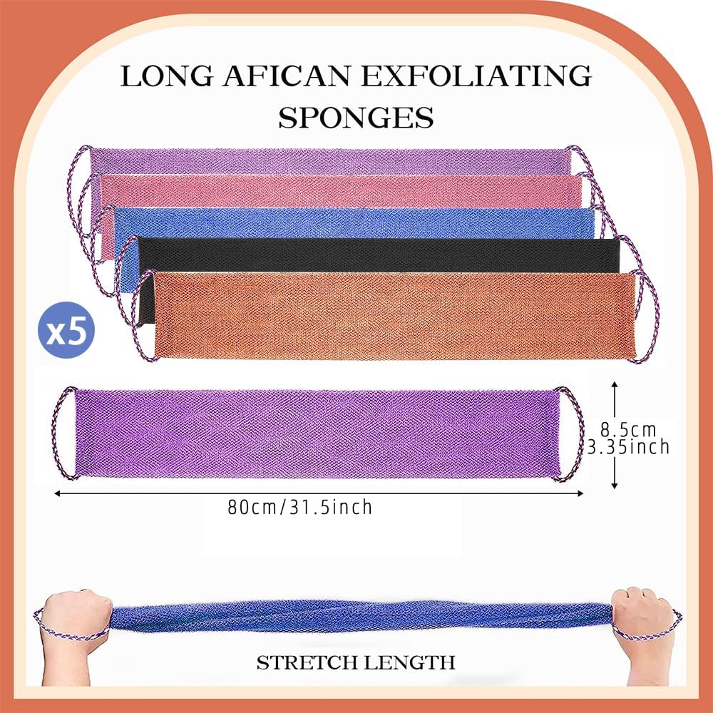 5 Pieces African Net Sponge with Handles Long African Exfoliating Net Washcloth Bath Sponge Net Cloth Wash Net Body Back Scrubber for Shower Loofah