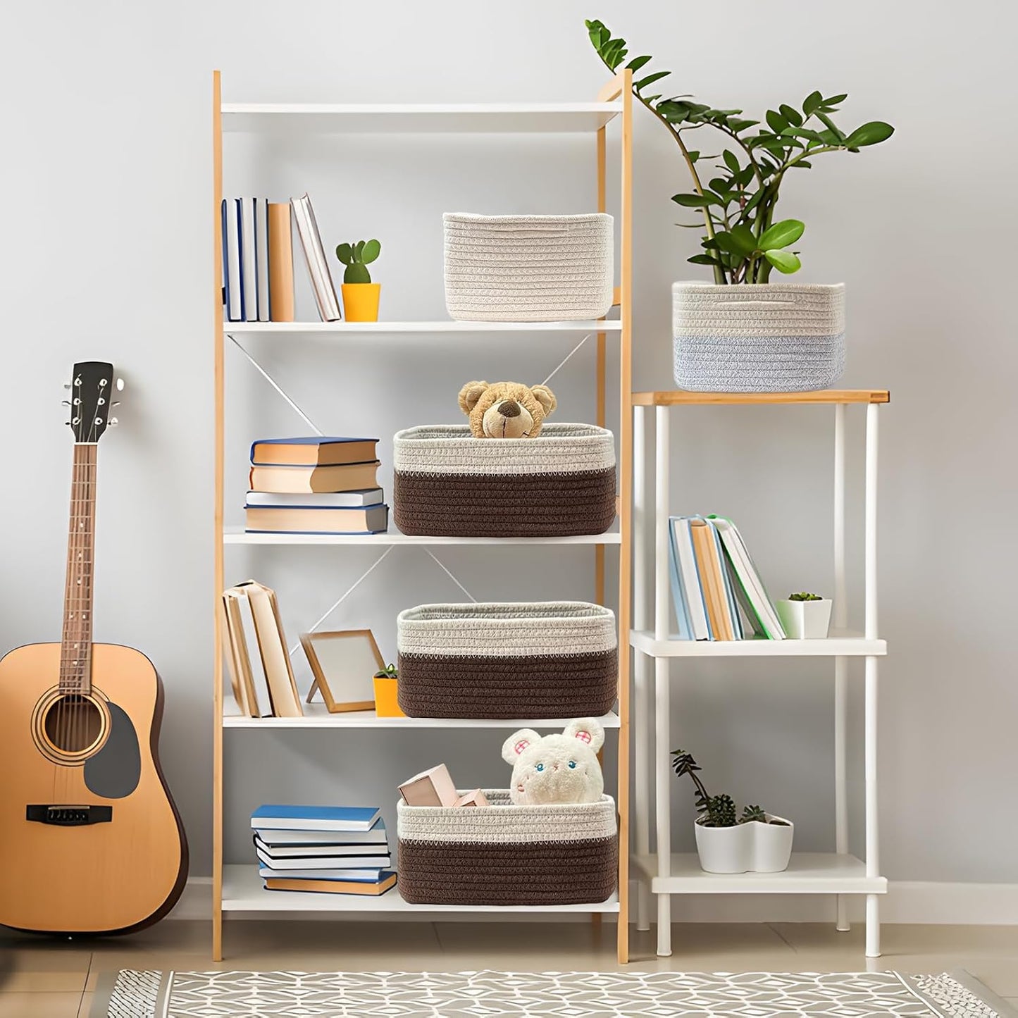 COMFY-HOMI 13" x 8.5" x 5.1"Storage Baskets for Organizing | Cotton Rope Woven Basket | Toy Storage Bin Box | Basket for Shelves, Closet Organizer Bin, Decorative Closet Shelf, 3 Pack,WHT/dark brown