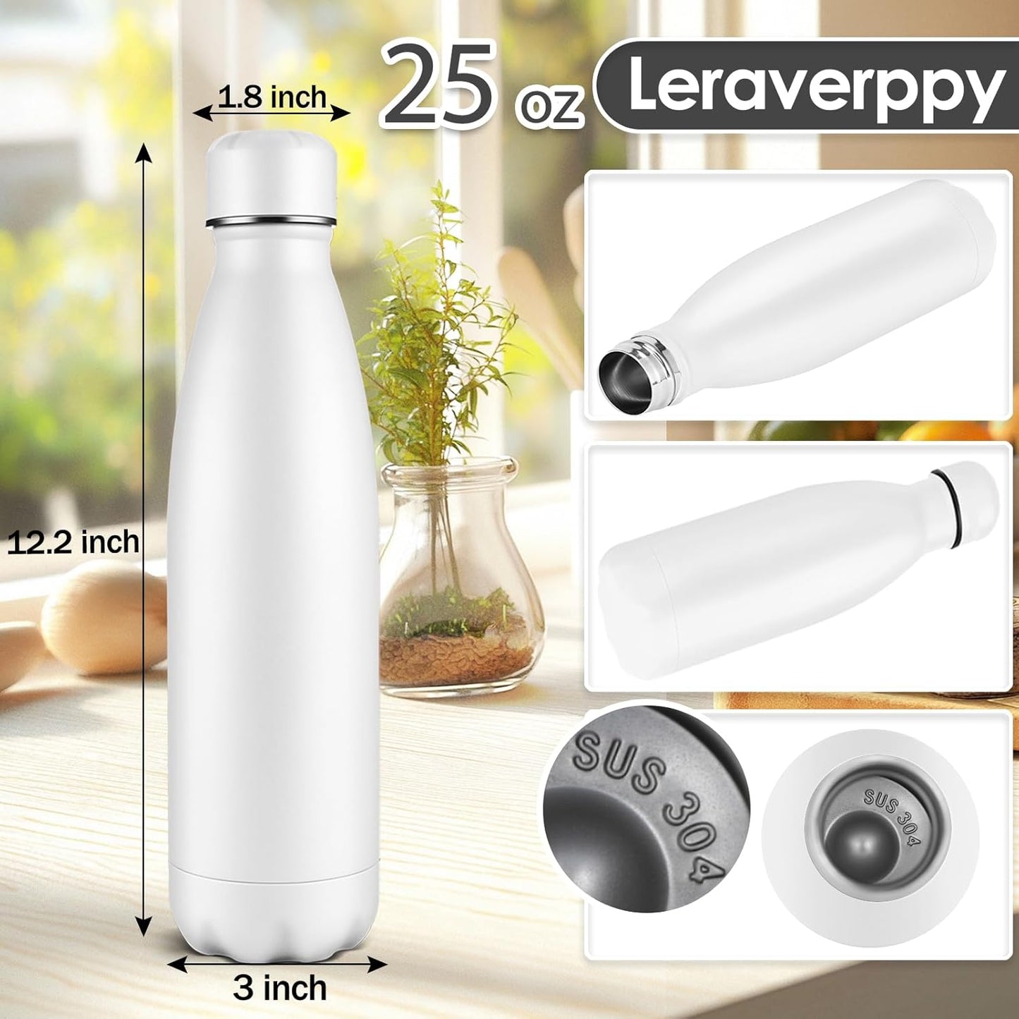 25oz Cola-Bottle Shaped Stainless Steel Leak-proof Water Bottle,Double Wall Vacuum Insulated Metal,Travel Mug For Sports Indoors & Outdoors,BPA-Free School Kids Flasks,White(2 Pack)