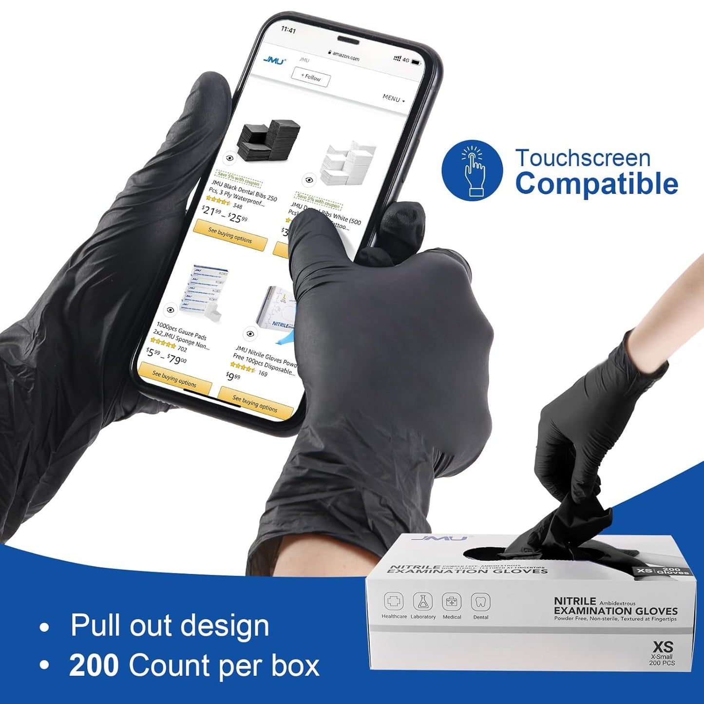 JMU Black Nitrile Gloves Large Case of 1200, 3.5Mil, Latex Free & Powder Free Medical Exam Gloves