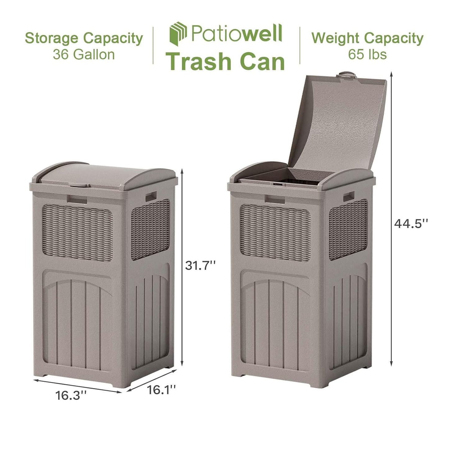 Patiowell 36 Gallon Outdoor Trash Can, Resin Outdoor Garbage Can with Lid for Patio, Backyard, Deck, Light Brown