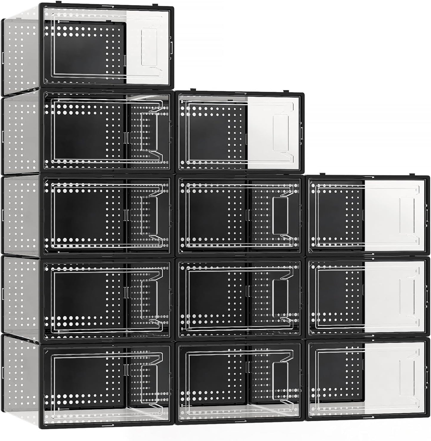 12 Pack XX Large Shoe Organizer Storage Boxes for Closet, Modular Space Saving Shoe Boxes Clear Plastic Stackable Sneaker Containers Display Case with Lids, Black