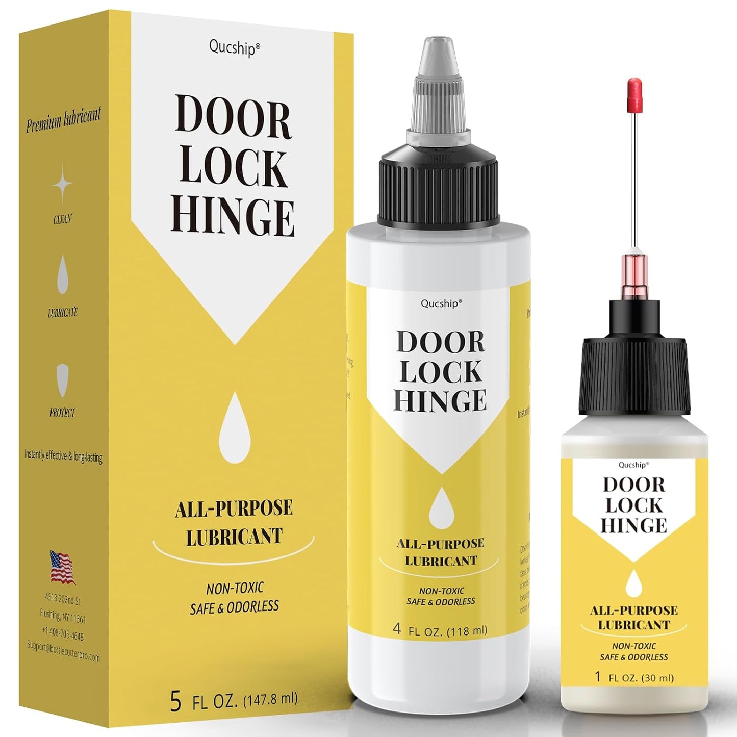 Qucship Upgraded Squeaky Hinge & Lock Lubricant Kit - 4 oz + 1 oz Needle Combo, Long-Lasting for Doors, Tools, Bicycles
