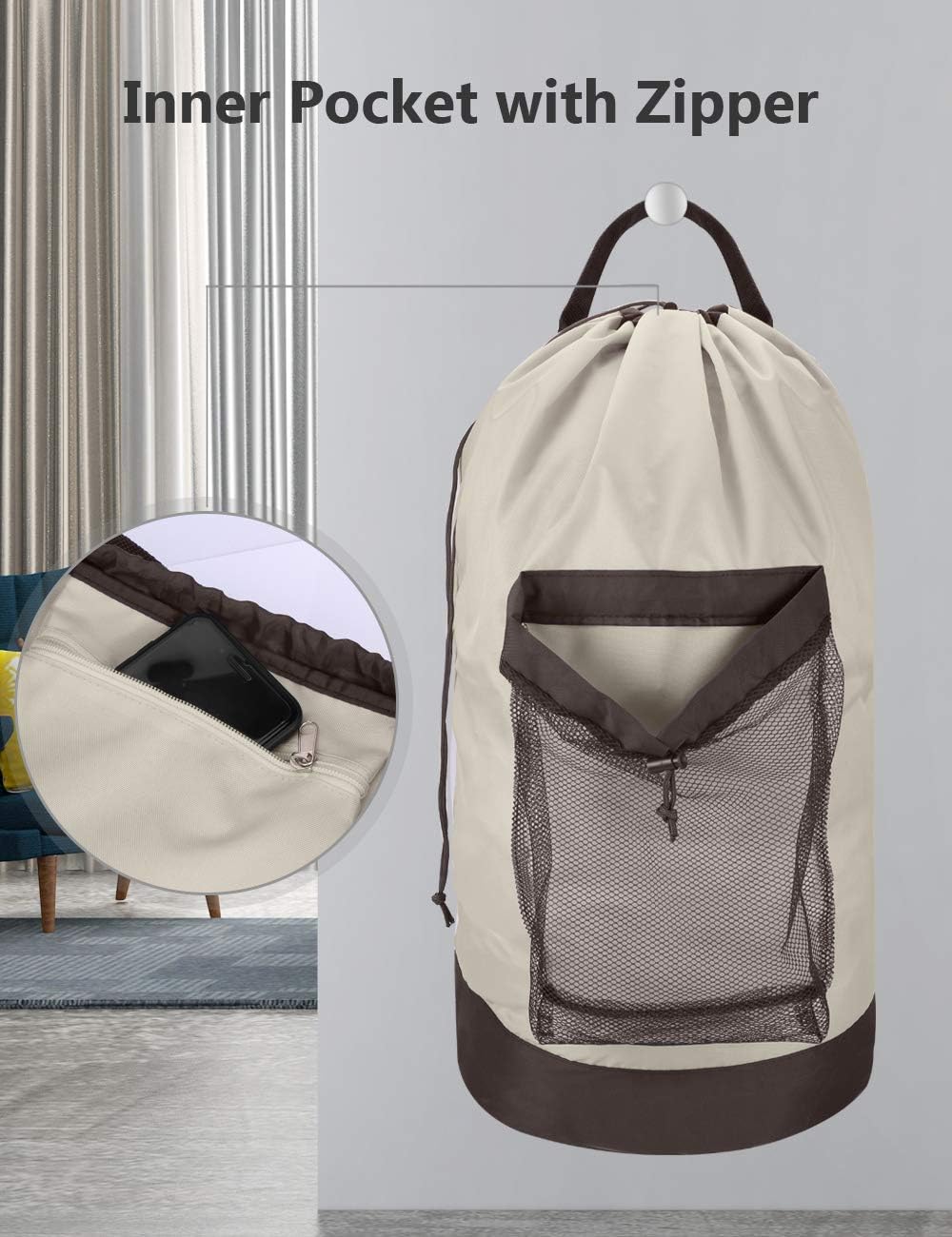 Dalykate Backpack Laundry Bag, 115L Large Hamper with Shoulder Straps, Drawstring Closure, Mesh Pocket, Khaki