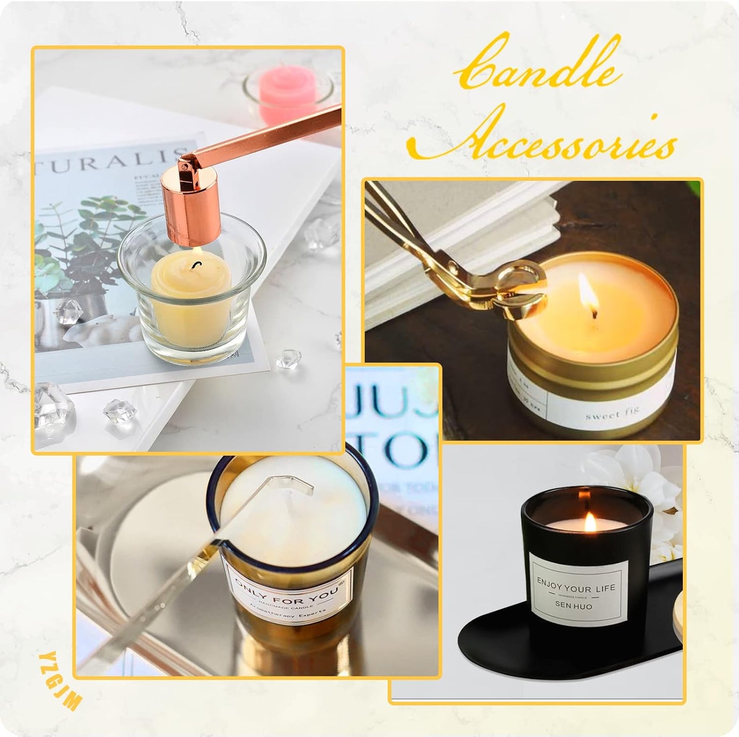 Exquisite Candle Accessories Tool Pack Bag, Rechargeable Electric Lighter， Wick Trimmer, Dipper, Snuffer and Tray Holder Elegant Kit Gift for Candle Lovers in Dating, Valentines Decor. (Rose Gold)