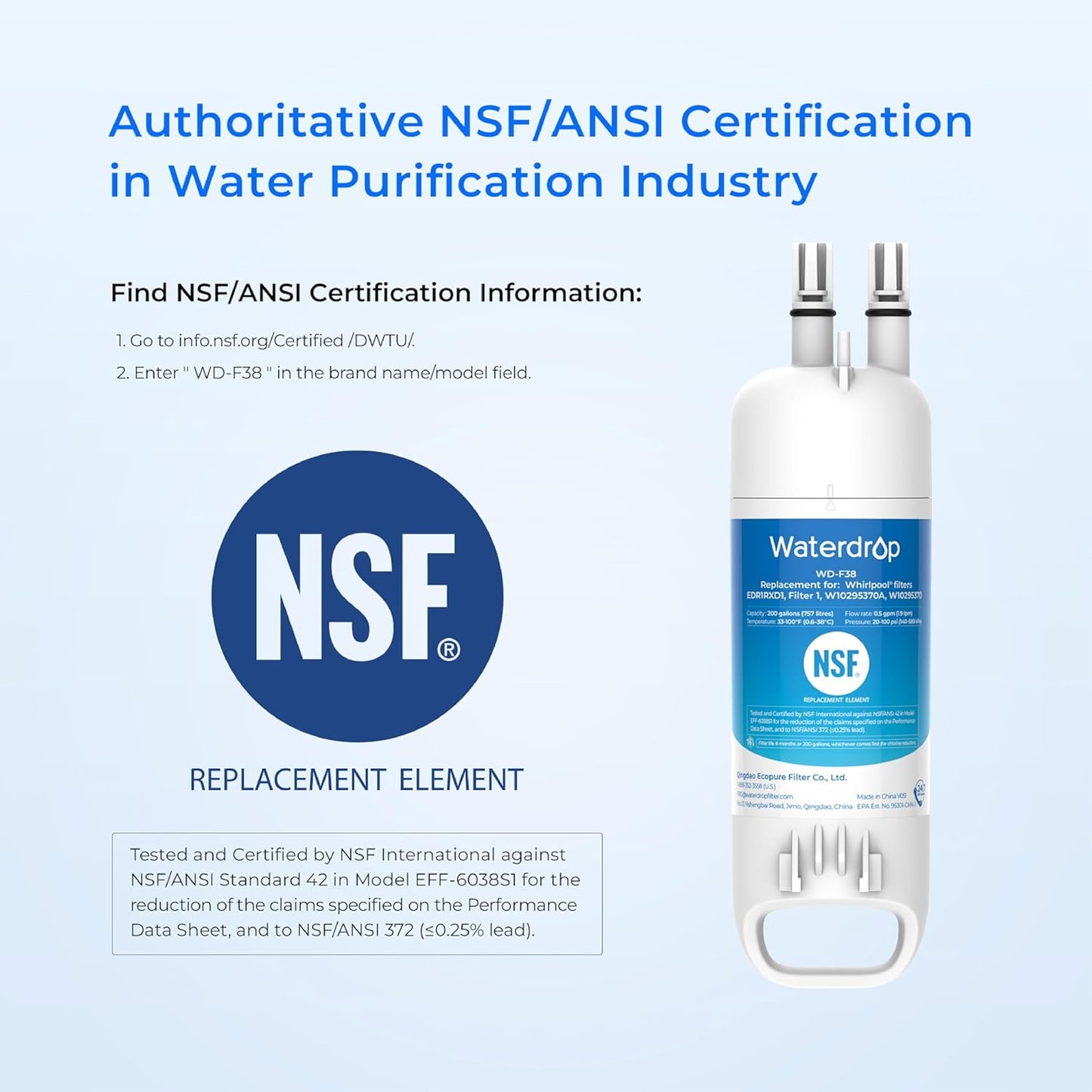 Waterdrop EDR1RXD1 Replacement for Everydrop® Filter 1, W10295370A, EDR1RXD1B, P8RFWB2L, P4RFWB, Kenmore® 46-9081, 46-9930, WD-F38 Refrigerator Water Filter, 3 Pack