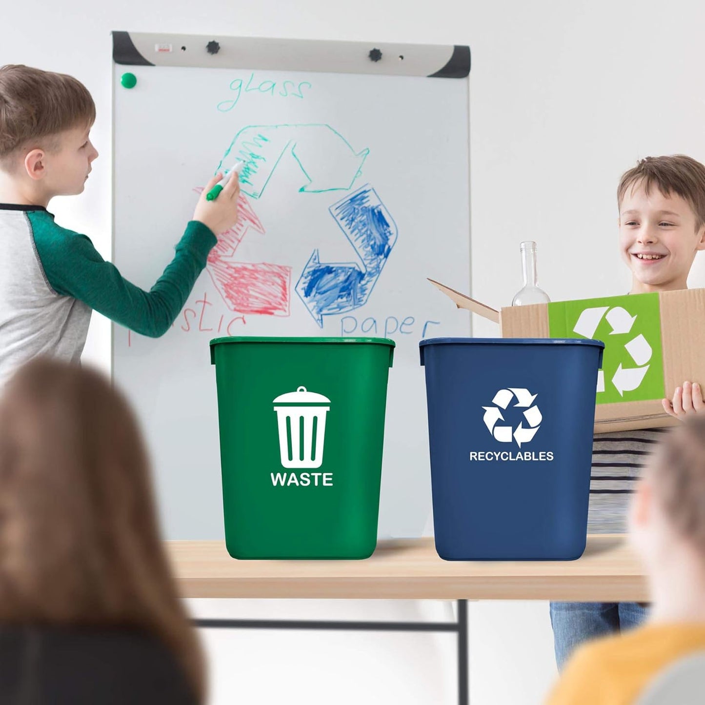 Acrimet Wastebasket Bin for Recycling and Waste, 6.75 Gallon/ 27 Quart/ 24 Liter (Plastic) (Green and Blue) (Set of 2)