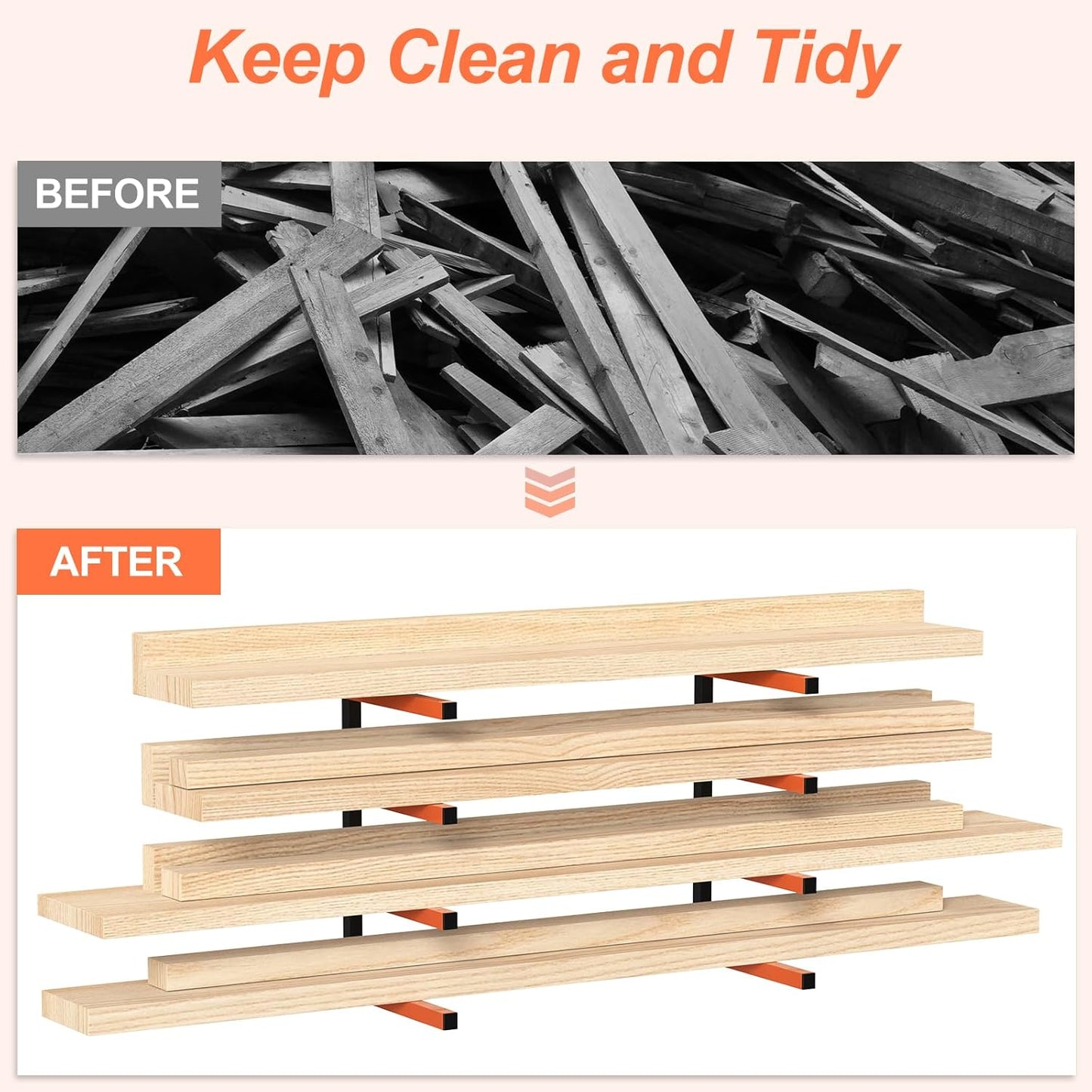 NANANARDOSO Wall Mount Wood Organizer and Lumber Storage,Heavy Duty Metal Shelf with 4-Level,Lumber Metal Racks for Indoor and Outdoor Use,2 Pack