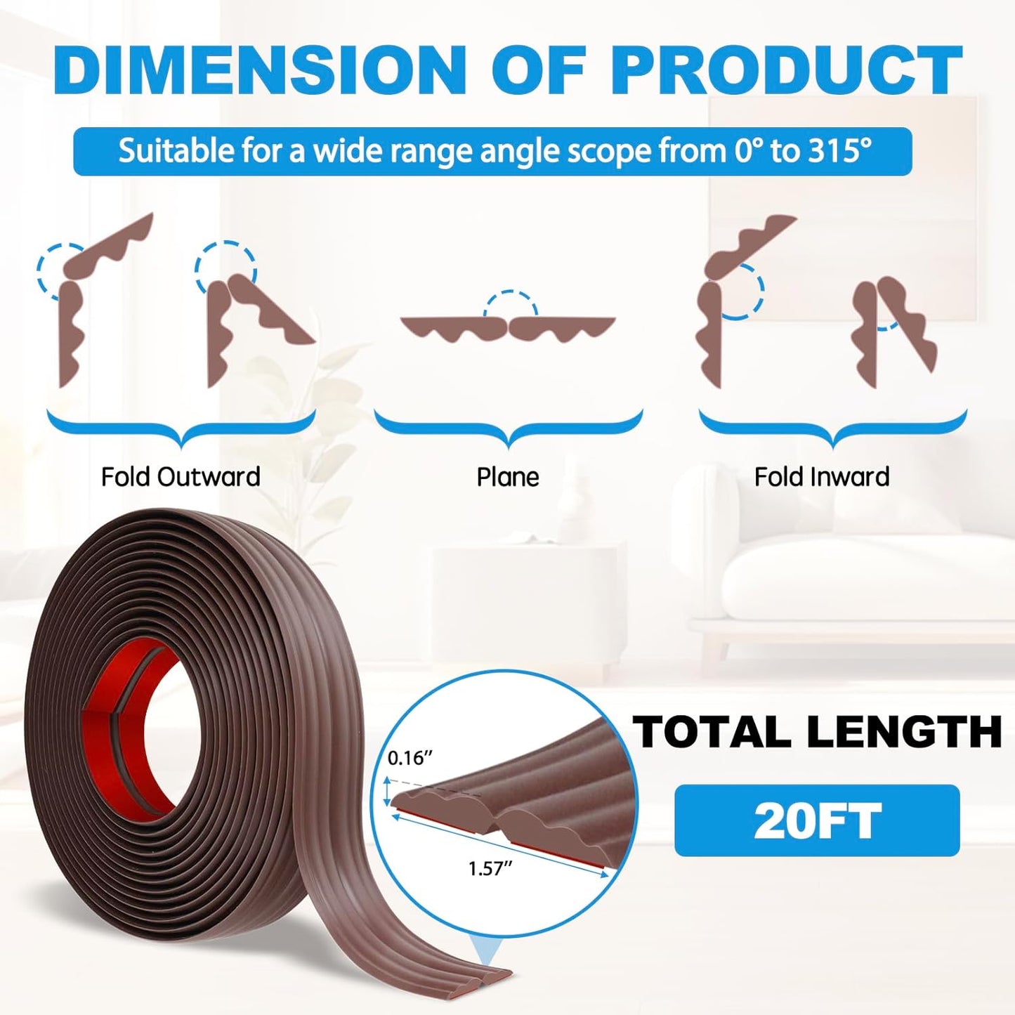 Wall Corner Protector Peel and Stick Corner Trim Molding Flexible Inside & Outside Wall Edge Guard Self Adhesive Moulding Trim for Edge Use, Brown, 1.6” W x 20’ L
