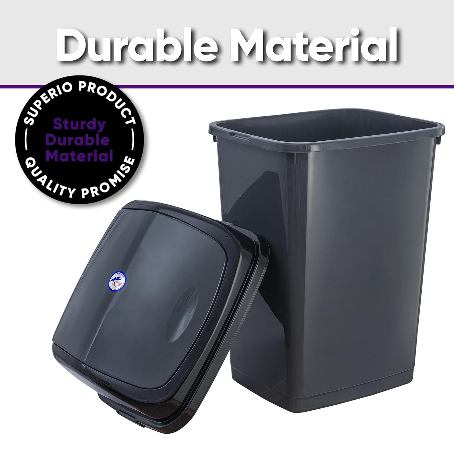 Superio 13 Gallon Plastic Swing Lid Trash Can, Grey/Black 2 Pack, Ideal for Home, Office, Garage, Patio, and Outdoor Use