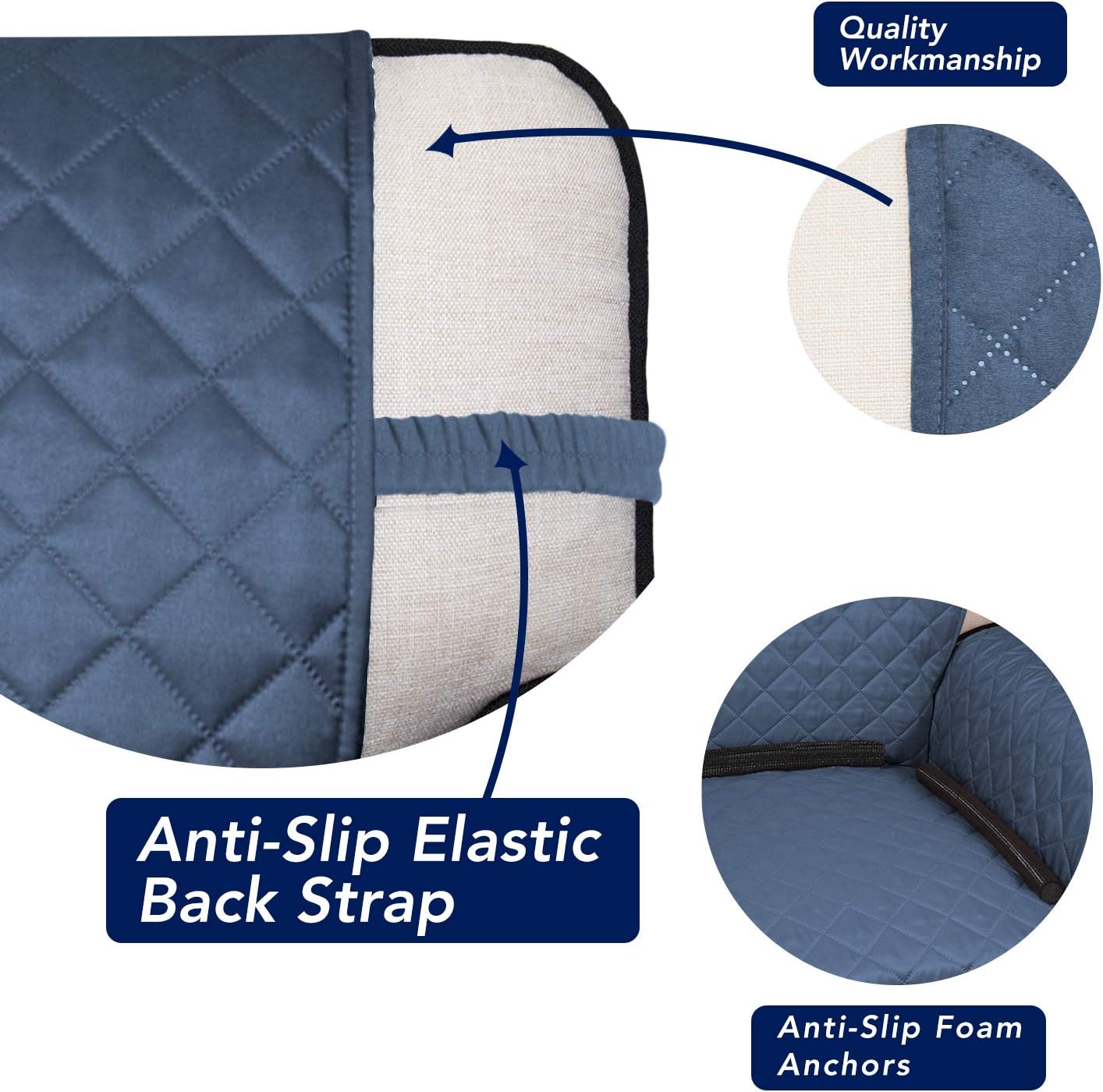 PureFit Reversible Quilted Sofa Cover, Water Resistant Slipcover Furniture Protector, Washable Couch Cover with Non Slip and Elastic Straps for Kids, Dogs, Pets (Sofa, Dark Blue/Light Blue)