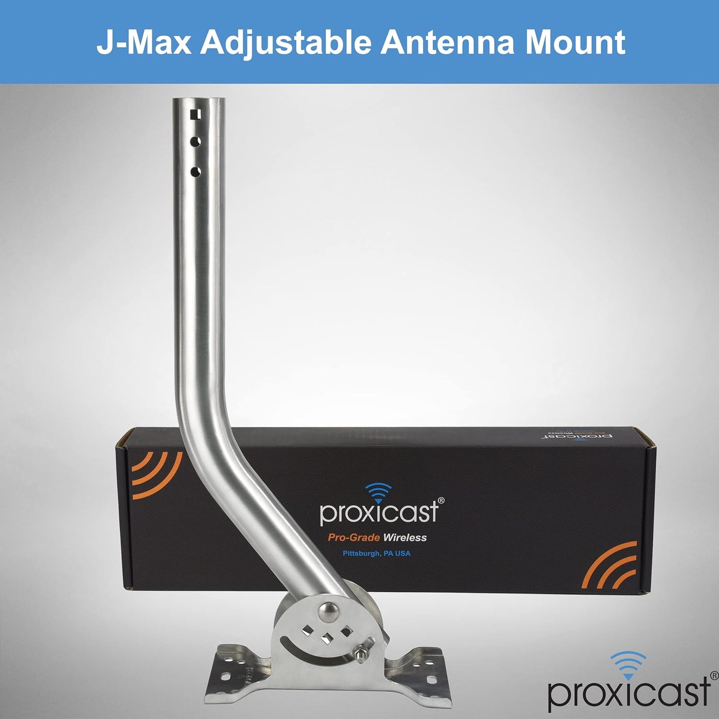 Proxicast Pro-Grade J-Max 100% Solid Rustproof Aluminum Antenna Mount - Universal Outdoor Adjustable Pivot/Lock Bracket & J-Pipe Mast (1.5" x 18" Pole) for Wall, Eave or Roof Mounting (ANT-800-JP2)