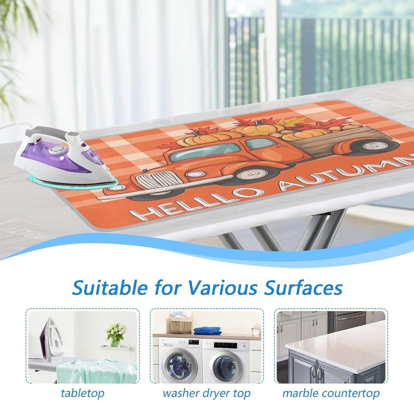 Ironing Mat Portable Ironing Pad Ironing Blanket for Table Top Heat Resistance Double-Side Using Travel Large 47.2 x 27.6 Inch Foldable Lightweight Autumn Truck Pumpkin Leaves