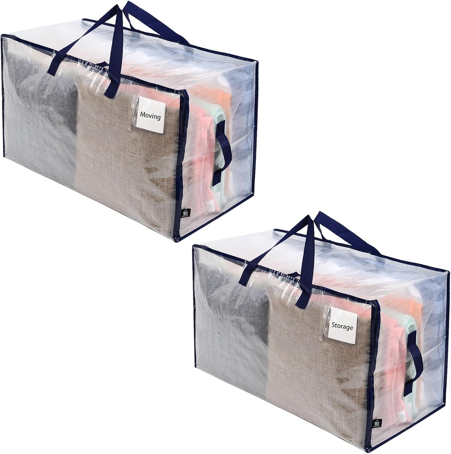 VENO 2 Pack Moving and Storage Bags, Heavy Duty, Alternative to Moving Boxes, Large Packing Totes Supplies for College Dorm Room with Zipper for Clothes, Wide Open Design (Clear, 2 Pack)