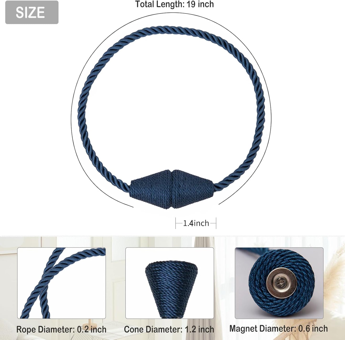 Magnetic Curtain Tiebacks 8 Pack Outdoor Rope Curtain Tie Backs Decorative Window Treatment Holdbacks for Home Decorative Curtain, Blue