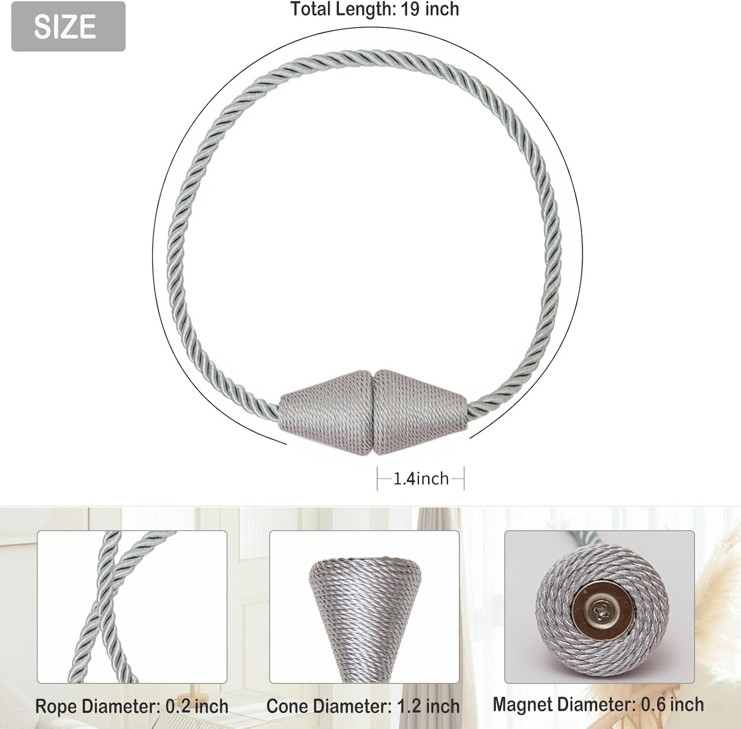 Magnetic Curtain Tiebacks 8 Pack Outdoor Rope Curtain Tie Backs Decorative Window Treatment Holdbacks for Home Decorative Curtain, Grey