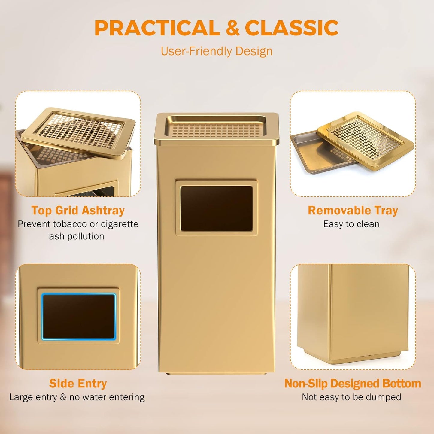 BEAMNOVA Trash Can Indoor Outdoor Black Stainless Steel Commercial Garbage Can Industrial Garbage Enclosure Inside Cabinet with Lid Waste Container, Gold Color, 12.2 * 9.8 * 24 in