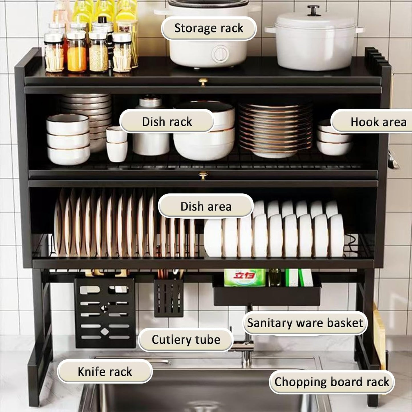 Over The Sink Dish Drainer Drying Rack 4 Tiers with Cover, Keep Kitchen Sink Shlef Organized Space-Saving Dish Drying Rack, Large Drying Rack for Dishes, Glasses, Bowls, Cutlery W-29.5in