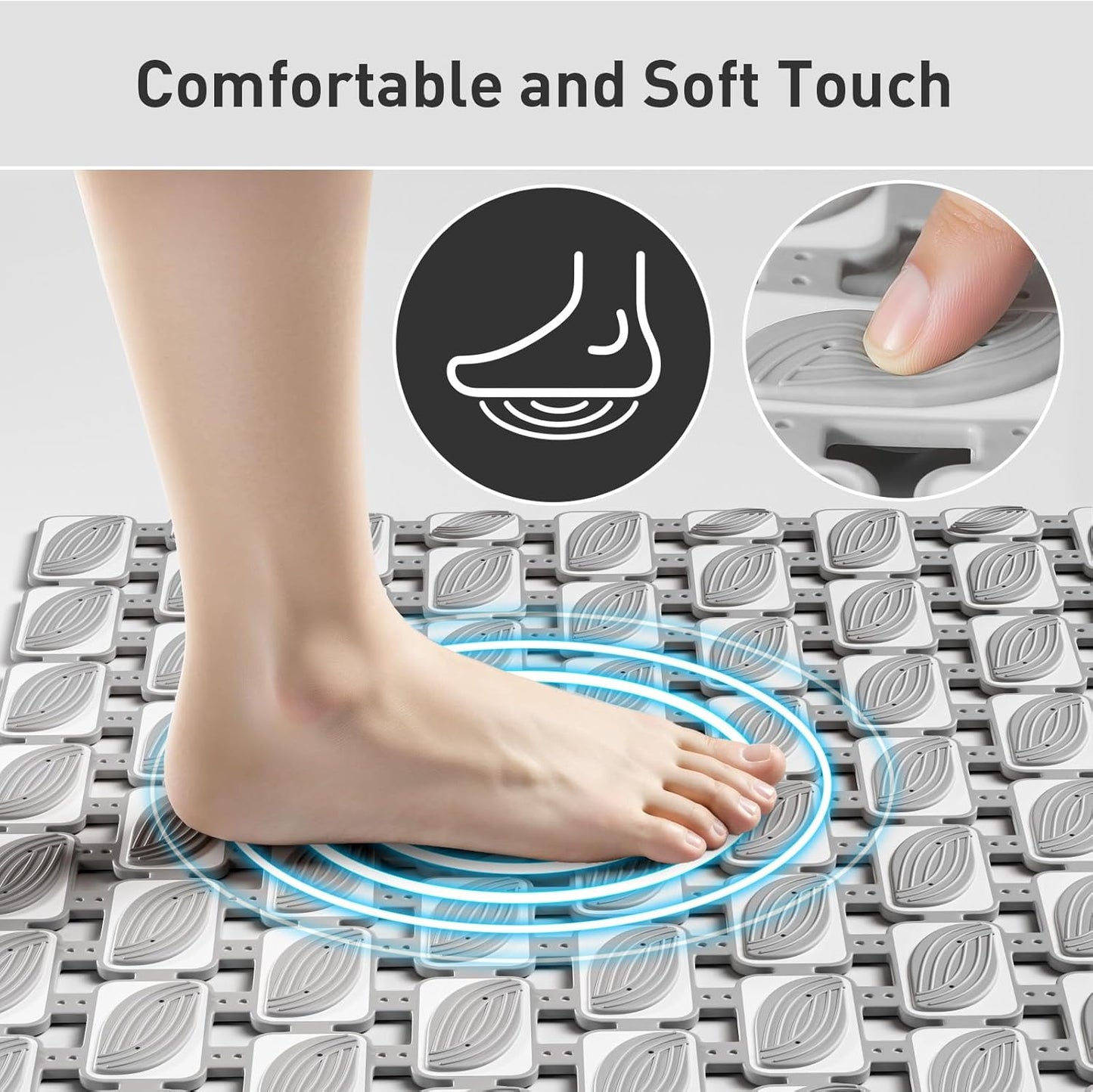 Shower Mat Non Slip Bathtub Mat - 27 x 16 Inch Eco-Friendly Soft Bath Mat for Tub Non Slip Shower Mats for Inside Shower with Suction Cups and Drain Holes, Easy to Clean Quick-Drying, Grey