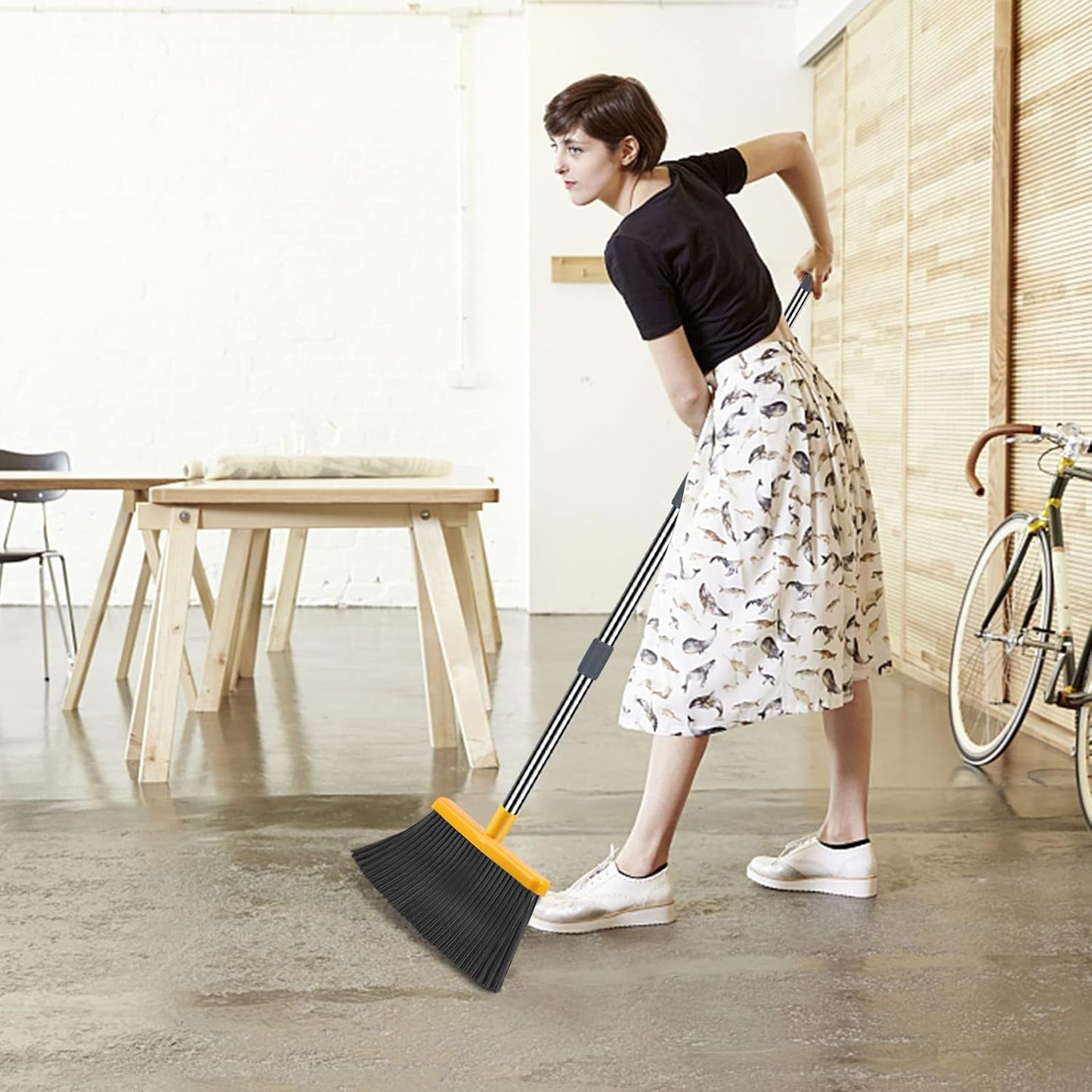 kelamayi Upgrade Broom and Dustpan Set, Broom with Dustpan Combo Set, Self-Cleaning with Dustpan Teeth, Indoor&Outdoor Sweeping, Stand Up Broom and Dustpan (Gray&Yellow)