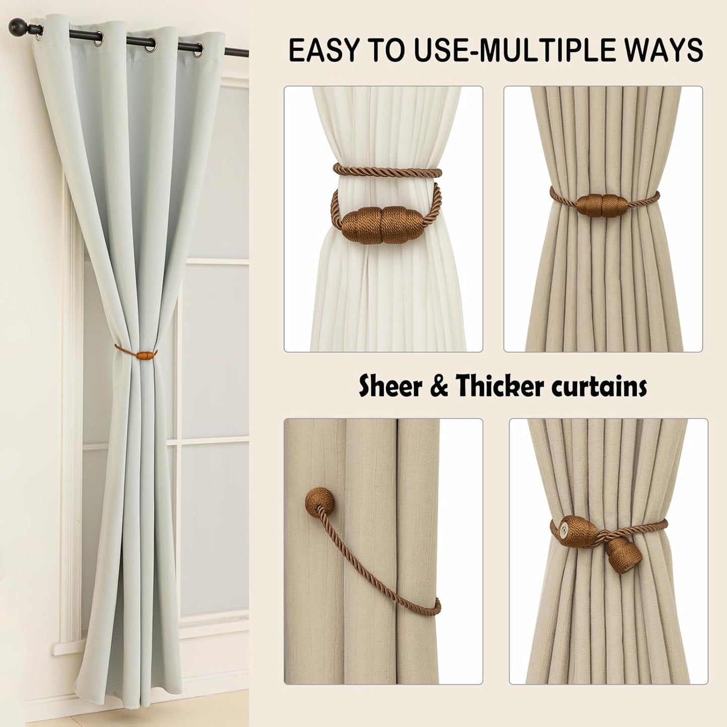 Magnetic Curtain Tiebacks Rope Curtain Tie Backs for Curtains 8 Pack Curtain Holders for Drapes Decorative Window Curtain Holdbacks, Khaki