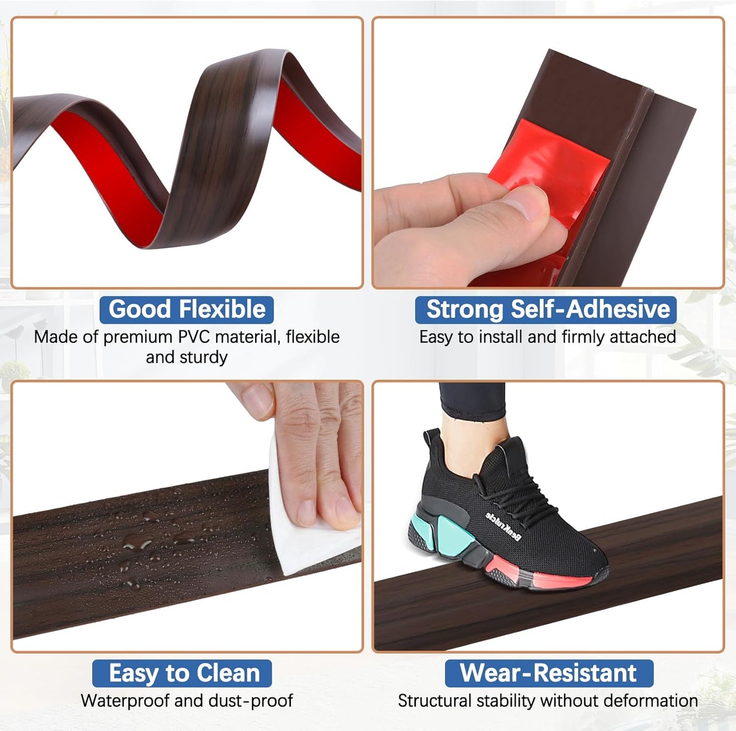 Vinyl Door Threshold Flooring Transition Strip Self Adhesive Carpet Edging Strip for Laminate Doorway Edge Threshold from 3/5" to 4/5" (Brown Wood Grain, 10 Ft)