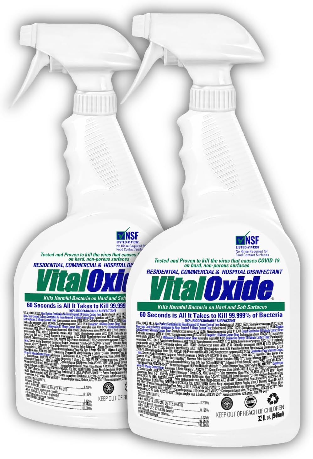 Vital Oxide Disinfectant, Deodorizer, Cleaner, Food-Contact Sanitizer, Virucide – (EPA registration #82972-1) – Kills Mold & Mildew, Eliminates Odors –32 oz, 2 Pack