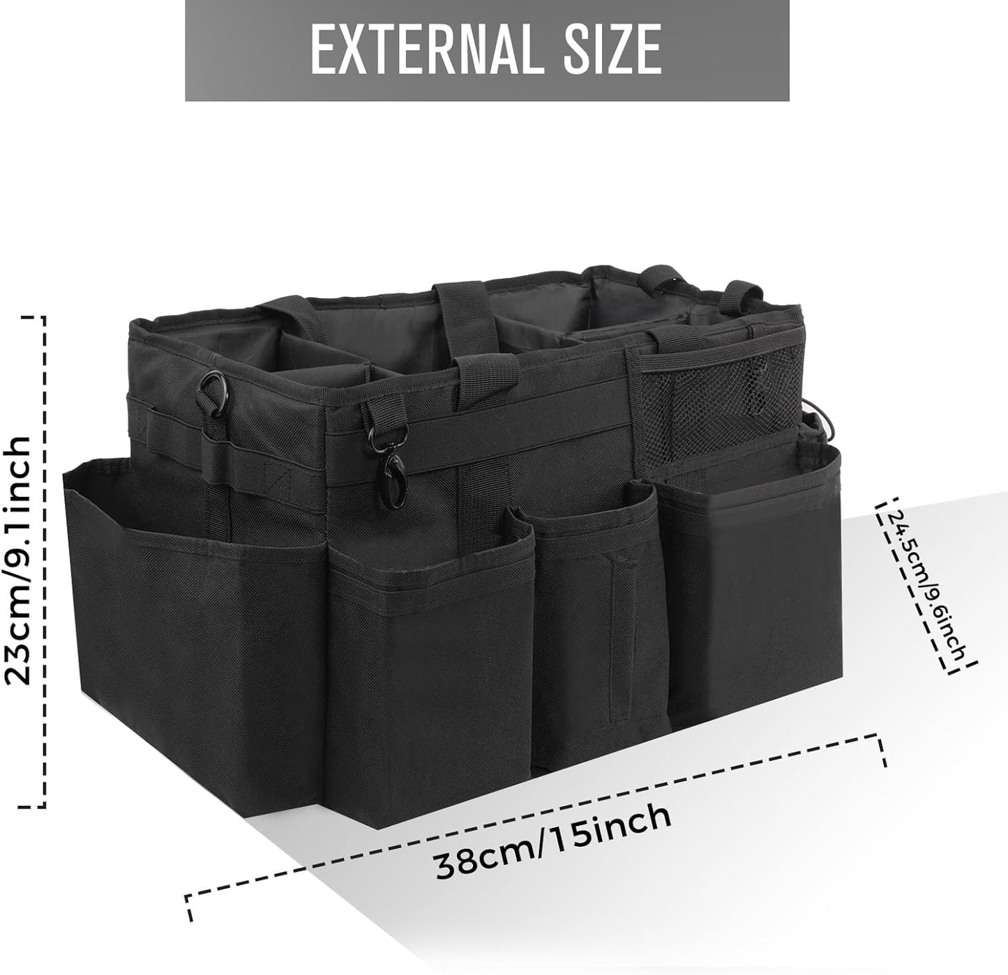 Wearable Cleaning Caddy Organizer with Handle & Shoulder Straps for Housekeepers, Under Sink & Car Cleaning Tool Organizer Bag with 4 Foldable Dividers (Black)