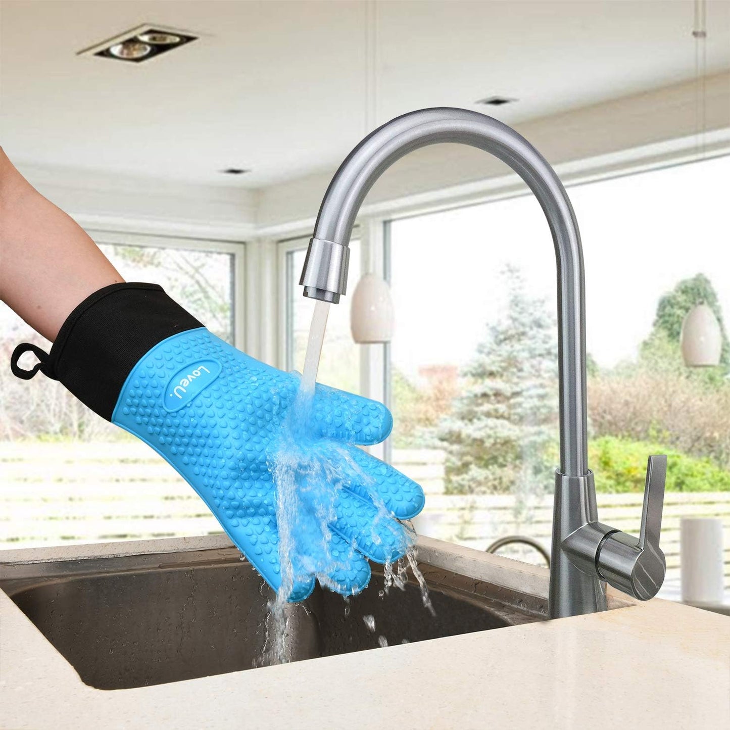 Kitchen Oven Gloves - Silicone and Cotton Double-Layer Heat Resistant Oven Mitts/BBQ Gloves/Grill Gloves - Perfect for Baking and Grilling (XL-XXXL, Blue)