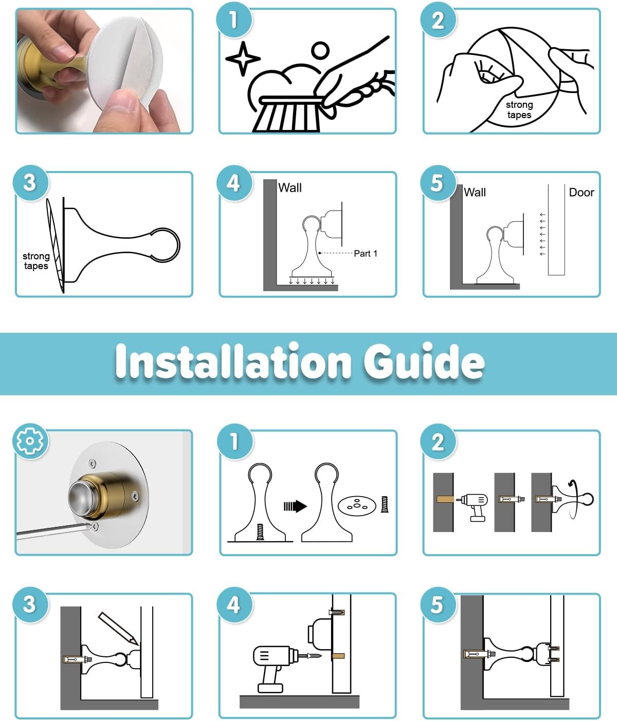 Door Stoppers Magnetic Door Catch - 6 Pack Stainless Steel Heavy Duty Door Stops for Bottom of Door, Wall & Floor Mounting No-Drill Strong Adhesive & Screws, Strong Door Holder to Keep Door Open,Gold