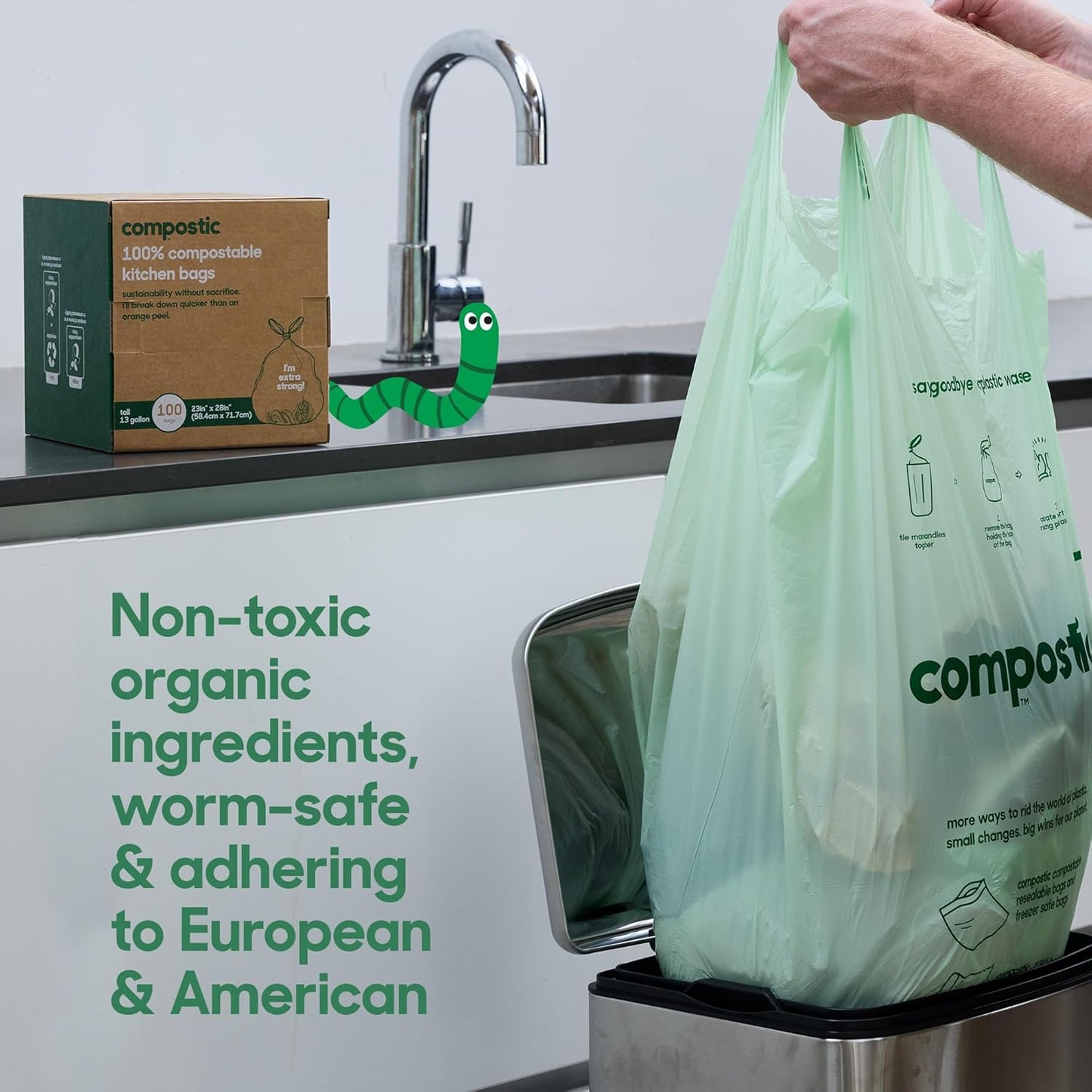 Compostic Home Compostable Trash Bags, 13 Gallon Tall Kitchen Rubbish Bags (23” x 29”), Extra Strong & Quickly Breaks Down, 100 Count
