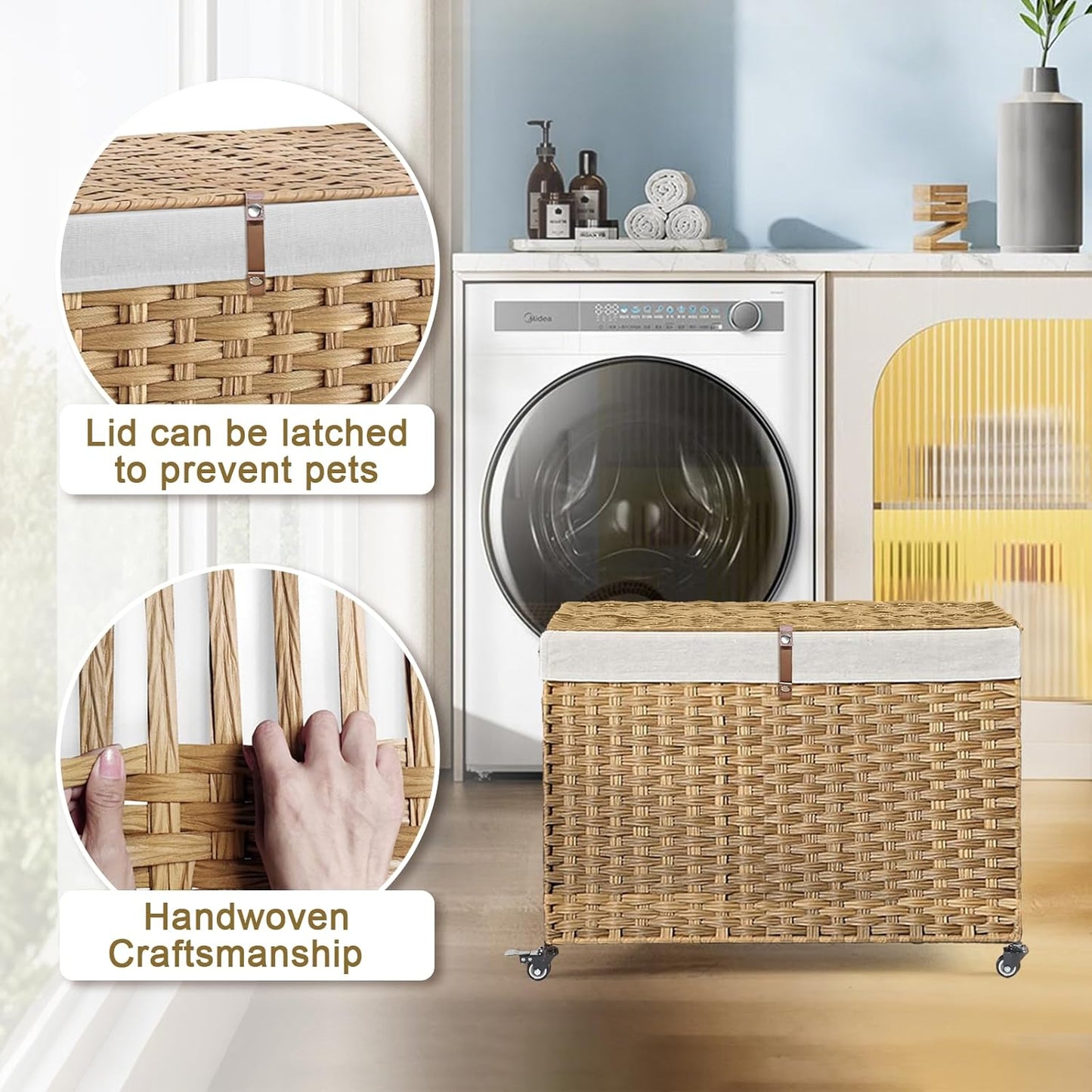 Rolling Storage Basket with Lid, 47.6 Gallon (180L) Storage Bin with Wheels, Woven Rattan Blanket Storage Basket with Handles, Foldable, Metal Frame, Removable Liner for Bedroom, Laundry Room, Natural
