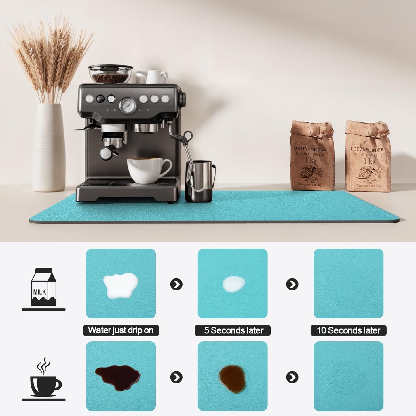 Dish Drying Mat for Kitchen Counter | Coffee Bar Mat for Countertops | Heat Resistant Drainer Mat with Non-slip Rubber Backed | Hide Stain Kitchen Absorbent Draining Mat | Turquoise 18"x24"
