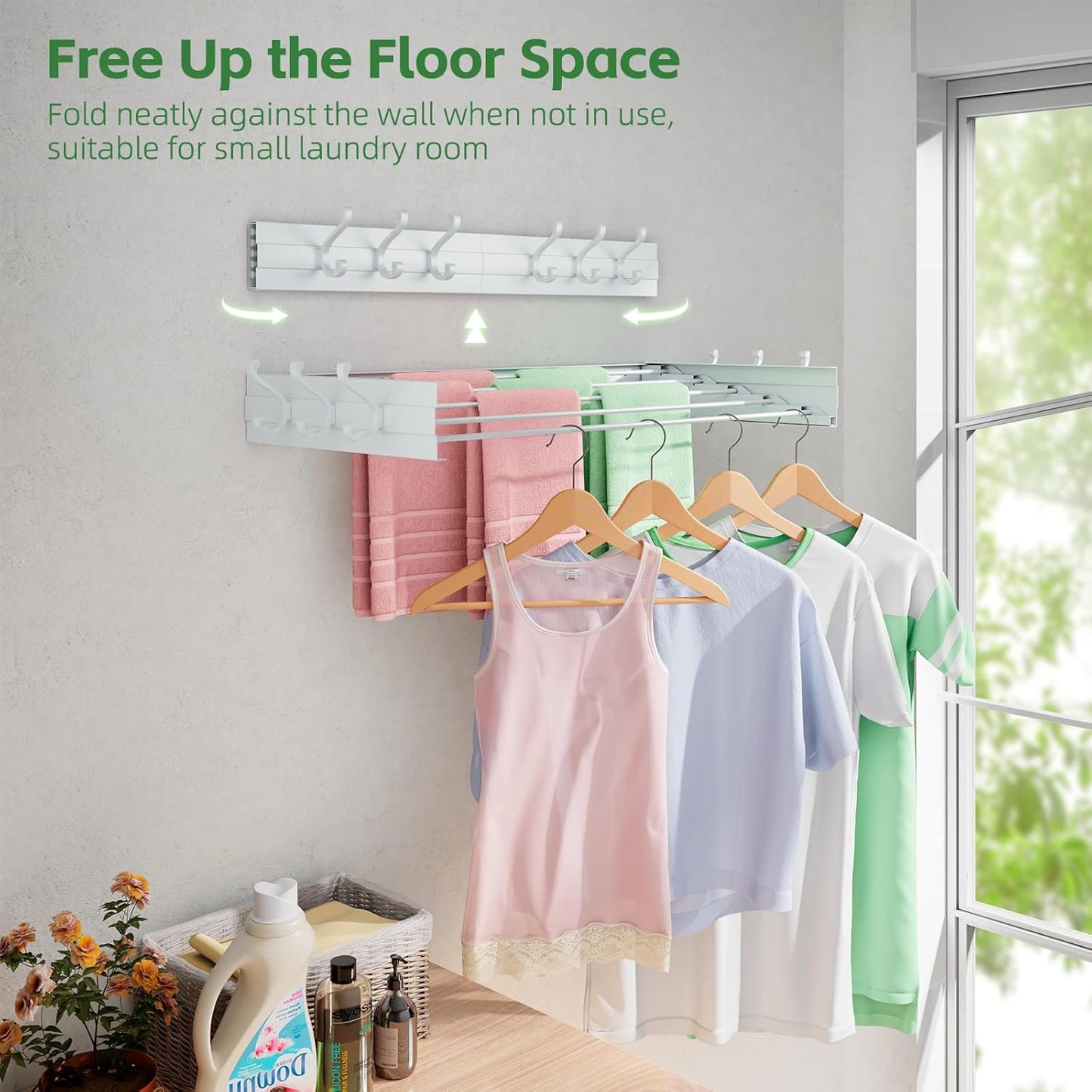 BAKON Clothes Drying Rack Wall Mounted 40", Laundry Clothes Drying Rack Collapsible with 6 Towel Hooks and 5 Rods for Hanging Clothes, Space Saving Laundry Rack for Small Space Bathroom Bedroom(40")